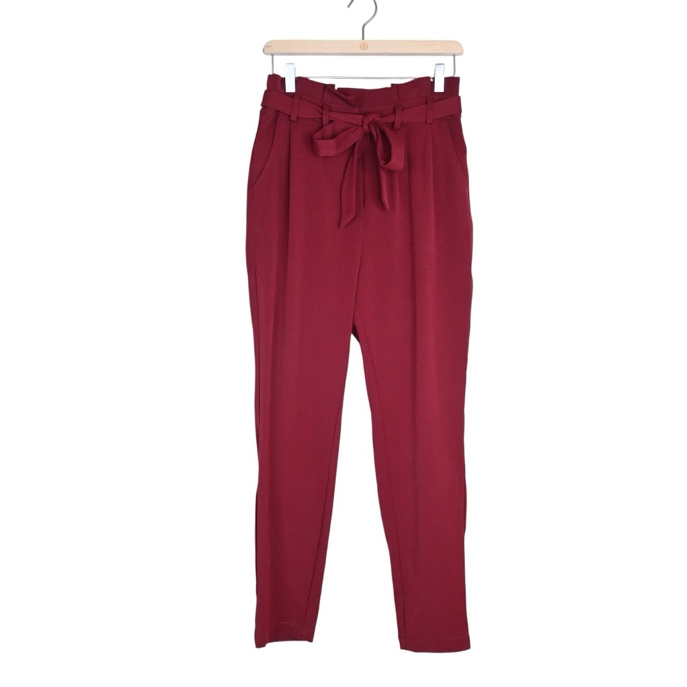 JustFab Women's S High Rise Pleated Front Paperbag Pant in Burgundy